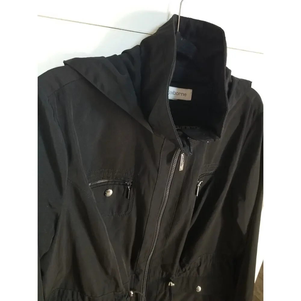 Women's Liz Claiborne Hooded Winter Coat Large Black Full Zip - Picture 2 of 11